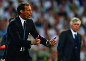 Juventus coach Massimiliano Allegri shouts   during the Champions League second leg semifinal soccer match between Real Madrid and Juventus, at the Santiago Bernabeu stadium in Madrid, Wednesday, May 13, 2015. (AP Photo/Andres Kudacki)