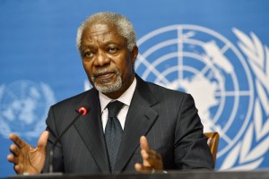 Kofi Annan, Joint Special Envoy of the United Nations and the Arab League for Syria, speaks during a press briefing, at the European headquarters of the United Nations, UN, in Geneva, Switzerland, Thursday Aug. 2, 2012. Annan is stepping down as UN Arab League mediator in the 17-month-old Syria conflict at the end of the month, U.N. chief Ban Ki-moon said in a statement on Thursday. (AP Photo/Keystone, Martial Trezzini)