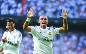 MADRID, SPAIN - OCTOBER 25:  Pepe of Real Madrid CF celebrates after scoring his team's 2nd goal from the penalty spot during the La Liga match between Real Madrid CF and FC Barcelona at Estadio Santiago Bernabeu on October 25, 2014 in Madrid, Spain.  (Photo by Denis Doyle/Getty Images)