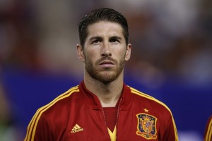 Spain's player Sergio Ramos listens to the national anthem prior a 2014 World Cup Group I qualifying soccer match between Spain and Georgia at the Carlos Belmonte stadium in Albacete, Spain, Tuesday Oct. 15, 2013. (AP Photo/Fernando Bustamante)